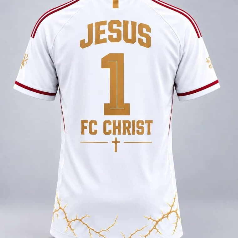 Le maillot porté de dos dans une salle de boxe, floqué « Jesus 1 — Maillot Essai », couronne d’épines dorée sur le bas.