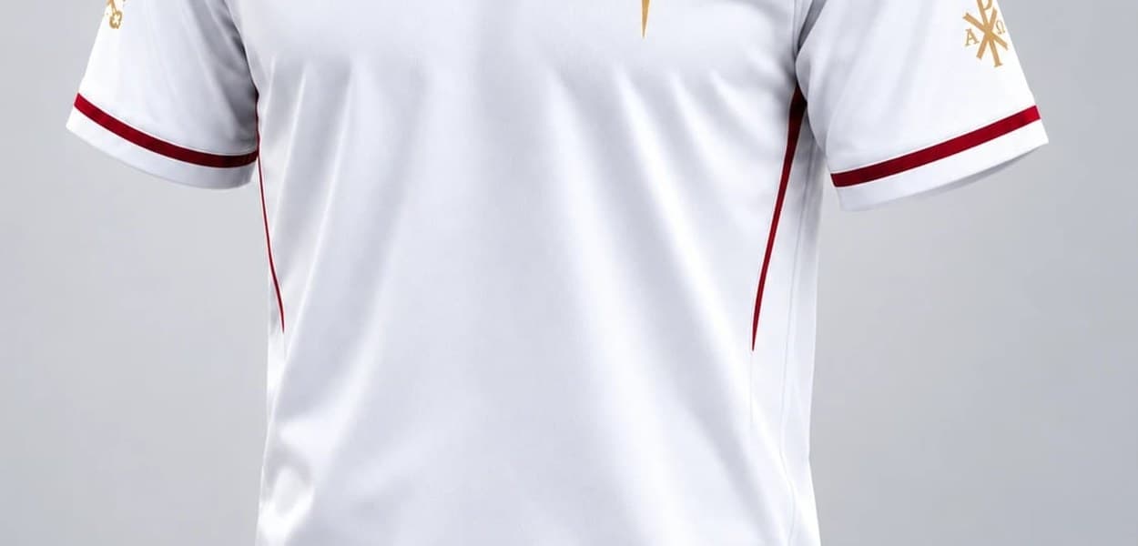Trois pièces sur cintres : un sweat noir à saint Michel brodé, le maillot blanc à bandes rouges, un t-shirt écru, chacun marqué d’une croix dorée.